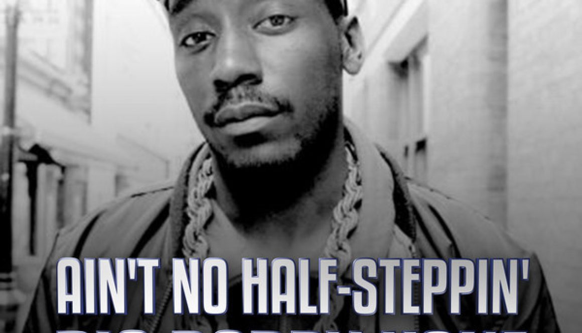 Black-and-white image of Big Daddy Kane wearing a cap and chain in an urban setting, with bold text Ain’t No Half-Steppin’, part of his discography and album visuals.